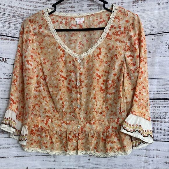 Snak Top Womens Sz 10 Silk floral lace trim Embroidered Boho Blouse Cottagecore - Picture 1 of 10